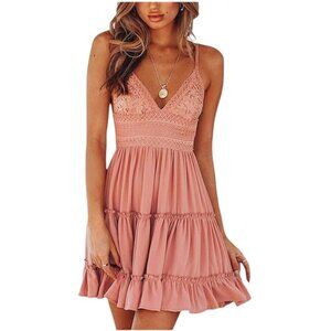 ECOWISH V-Neck Spaghetti Strap Bow-Knot Backless Mini Dress, Medium